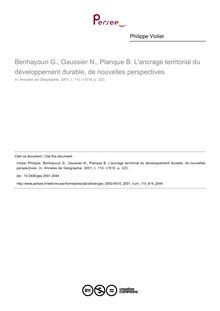 Benhayoun G., Gaussier N., Planque B. L ancrage territorial du développement durable, de nouvelles perspectives - article ; n°619 ; vol.110, pg 323-323