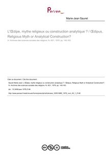 L Œdipe, mythe religieux ou construction analytique ? / Œdipus, Religious Myth or Analytical Construction? - article ; n°1 ; vol.45, pg 145-163