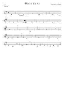 Partition Tenor1 viole de gambe, aigu clef, Intavolature de lauto, madrigali e ricercare par Vincenzo Galilei