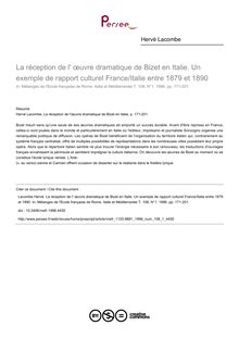 La réception de l  œuvre dramatique de Bizet en Italie. Un exemple de rapport culturel France/Italie entre 1879 et 1890 - article ; n°1 ; vol.108, pg 171-201