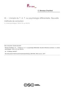 -  L emploi du T. A. T. ou psychologie différentielle. Nouvelle méthode de correction - article ; n°1 ; vol.50, pg 603-618