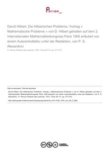 David Hilbert, Die Hilbertschen Problème, Vortrag « Mathematische Probleme » von D. Hilbert gehalten auf dem 2. Internationalen Mathematikerkongress Paris 1900 erläutert von einem Autorenkollektiv unter der Redaktion, von P. S. Alexandrov  ; n°3 ; vol.26, pg 271-273