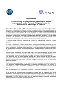  Le Comité d’Ethique du CNRS (COMETS) et une commission de l’INRIA recommandent la création d’un comité d’éthique sur la recherche