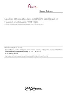 La culture et l intégration dans la recherche sociologique en France et en Allemagne (1980-1992) - article ; n°1 ; vol.13, pg 201-214