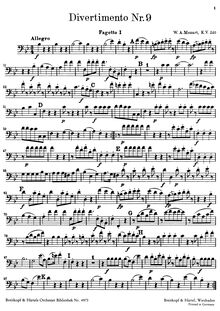 Partition basson 1, Divertimento, Divertimento No.9, B♭ major, Mozart, Wolfgang Amadeus