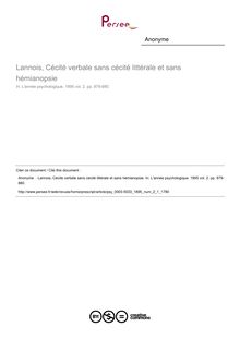 Lannois, Cécité verbale sans cécité littérale et sans hémianopsie - compte-rendu ; n°1 ; vol.2, pg 879-880
