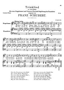 Partition complète, Trinklied, D.183, Drinking Song, Schubert, Franz