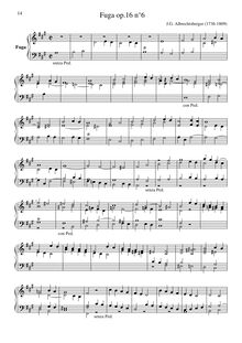 Partition No.6 en A, 6 Fugues, op.16, Albrechtsberger, Johann Georg