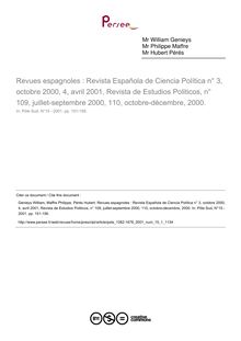 Revues espagnoles : Revista Española de Ciencia Política n° 3, octobre 2000, 4, avril 2001, Revista de Estudios Politicos, n° 109, juillet-septembre 2000, 110, octobre-décembre, 2000.  ; n°1 ; vol.15, pg 151-156
