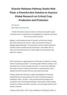 Elsevier Releases Pathway Studio Web Plant; a Powerful New Solution to Improve Global Research on Critical Crop Production and Protection