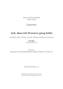 Partition complète, Lamento - Ach, dass ich Wassers gnug hätte, Bach, Johann Christoph
