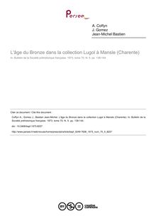 L âge du Bronze dans la collection Lugol à Mansle (Charente) - article ; n°5 ; vol.70, pg 138-144