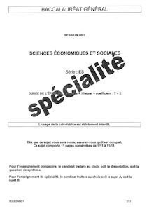 Baccalaureat 2007 sciences economiques et sociales (ses) specialite sciences economiques et sociales amerique du nord