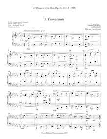 Partition , Complainte, 24 Pièces en style libre pour Orgue ou Harmonium, Op.31