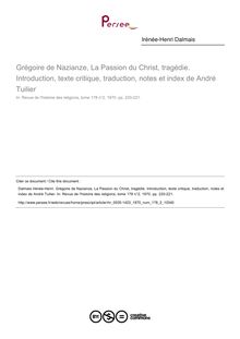 Grégoire de Nazianze, La Passion du Christ, tragédie. Introduction, texte critique, traduction, notes et index de André Tuilier  ; n°2 ; vol.178, pg 220-221