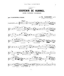 Partition clarinette , partie, Souvenir de Hummel, Op.30, Souvenir de Hummel. Grande fantaisie concertante pour clarinette et piano