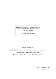 Evaluation de la loi n°2003-1200 du 18 décembre 2003 décentralisant le RMIet créant le RMA - Rapport de synthèse