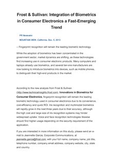 Frost & Sullivan: Integration of Biometrics in Consumer Electronics a Fast-Emerging Trend