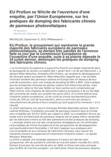 EU ProSun se félicite de l ouverture d une enquête, par l Union Européenne, sur les pratiques de dumping des fabricants chinois de panneaux photovoltaïques