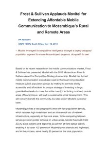 Frost & Sullivan Applauds Movitel for Extending Affordable Mobile Communication to Mozambique s Rural and Remote Areas