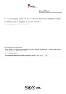 Corrélations entre les classements d écoliers d après un test d intelligence et d après le travail scolaire - article ; n°1 ; vol.33, pg 51-56