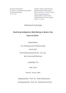 Declining subjective well-being in boom [Elektronische Ressource] : the case of China / vorgelegt von Hao Yuan
