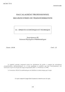 Mathématiques et sciences physiques 2001 Bac Pro - Bio-industries de transformation