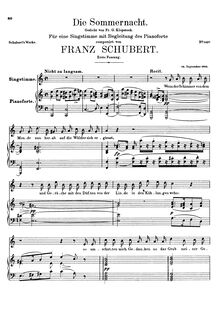 Partition 1st version, Die Sommernacht, D.289, The Summer Night