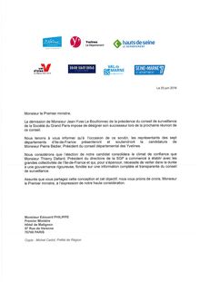 Lettre de candidature de Pierre Bédier à la présidence du conseil de surveillance du Grand Paris Express