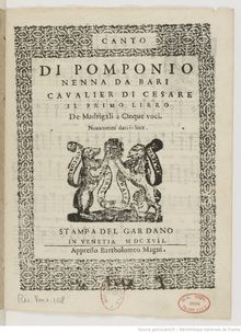 Partition Canto, Il primo libro de madrigali a cinque voci, Nenna, Pomponio