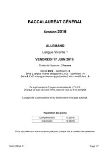 Baccalauréat LV1 Allemand 2016 séries générales (S - ES - L) 