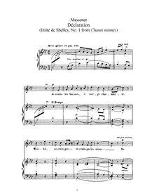 Partition , Déclaration (F minor: haut voix et piano), 3 Chants intimes