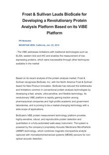 Frost & Sullivan Lauds BioScale for Developing a Revolutionary Protein Analysis Platform Based on its ViBE Platform