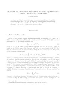 MULTIPLE SOLUTIONS FOR NONLINEAR ELLIPTIC EQUATIONS ON COMPACT RIEMANNIAN MANIFOLDS