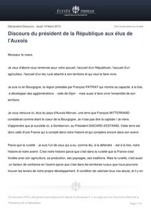 Elysée: Communiqué de presse - Discours de François Hollande aux élus de l Auxois
