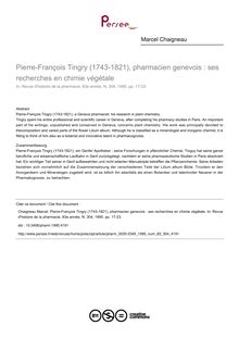Pierre-François Tingry (1743-1821), pharmacien genevois : ses recherches en chimie végétale - article ; n°304 ; vol.83, pg 17-23