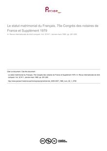 Le statut matrimonial du Français, 75e Congrès des notaires de France et Supplément 1979 - note biblio ; n°1 ; vol.32, pg 261-265