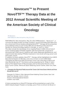 Novocure™ to Present NovoTTF™ Therapy Data at the 2012 Annual Scientific Meeting of the American Society of Clinical Oncology