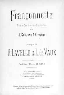Partition complète, Françonnette, Opéra-comique en trois actes, Lavello, Rodolphe