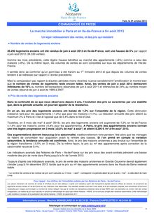 Communiqué des Notaires Paris-Ile-de-France : Le marché immobilier à Paris et en Ile-de-France à fin août 2013 