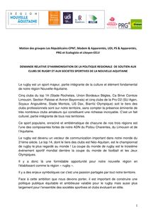 Motion création d un groupe de travail d harmonisation de la nouvelle politique régionale aux clubs de rugby de la Nouvelle-Aquitaine