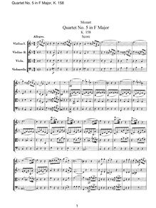 Partition complète, corde quatuor No.5, Divertimento, F major, Mozart, Wolfgang Amadeus