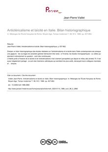 Anticléricalisme et laïcité en Italie. Bilan historiographique - article ; n°2 ; vol.98, pg 837-862