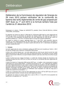 Délibération de la CRE du 29 mars 2013 portant vérification de la conformité du barème des tarifs réglementés de vente de gaz proposé par GDF Suez au 1er avril 2013 à la formule tarifaire fixée par l’arrêté du 21 décembre 2012