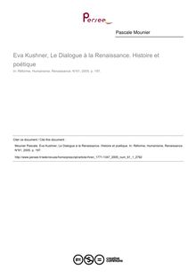 Eva Kushner, Le Dialogue à la Renaissance. Histoire et poétique  ; n°1 ; vol.61, pg 197-197