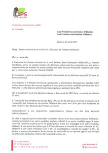 Le PS appelle dans une lettre à dénoncer les "camarades" ne soutenant pas Hamon (page 1)