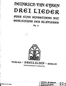 Partition complète, Drei chansons, Op.21, E Maj, Eyken, Heinrich van