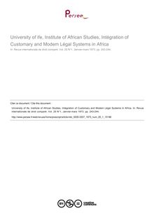 University of ife, Institute of African Studies, Intégration of Customary and Modem Légal Systems in Africa - note biblio ; n°1 ; vol.25, pg 243-244