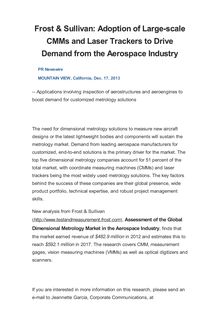 Frost & Sullivan: Adoption of Large-scale CMMs and Laser Trackers to Drive Demand from the Aerospace Industry