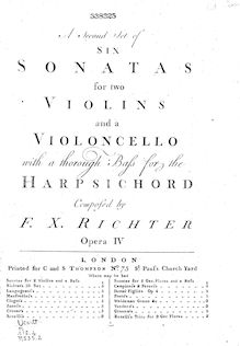 Partition violon 1, 6 Trio sonates, A second set of six sonatas, for two violins and a violoncello with a thorough bass for the harpsichord